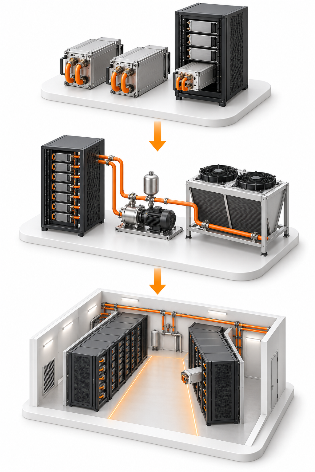 AI concept illustration: miner matching, cooling loop integration and maintenance access, connected from top to bottom.